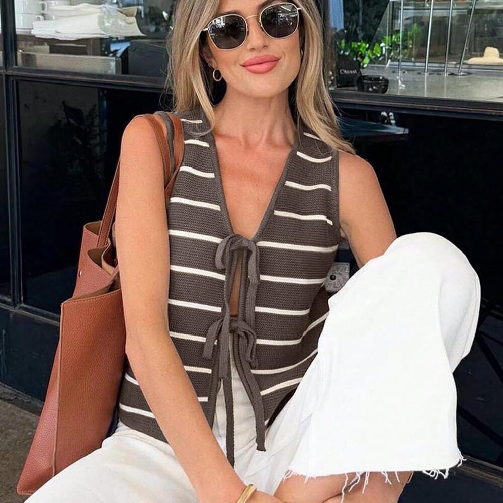 Brown Casual Minimalist Women's V-Neck Striped Tie-Front Bowknot Vest